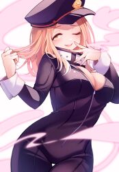 Rule 34 | 1girl, :d, black bodysuit, black hat, blonde hair, blush, bodysuit, boku no hero academia, breasts, brown eyes, chikuwa savy, cleavage, contrapposto, cowboy shot, hands up, hat, highres, large breasts, long hair, long sleeves, looking at viewer, one eye closed, open mouth, peaked cap, shiny clothes, smile, solo, steam, thigh gap, utsushimi kemii