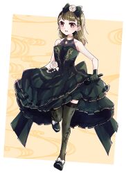 Rule 34 | 1girl, :o, absurdres, bare shoulders, black bow, black dress, black footwear, black thighhighs, blunt bangs, blush, border, bow, braid, brown hair, center-flap bangs, collarbone, commentary request, dress, dress flower, flower, footwear bow, frilled dress, frills, full body, hair bow, hair flower, hair ornament, highres, holding, holding microphone, kachimachi kosuzu, kanduki kamibukuro, leg up, link! like! love live!, long hair, looking at viewer, love live!, medium dress, microphone, open mouth, orange background, outside border, pink eyes, rose, see-through thighhighs, shoes, side ahoge, side braids, skirt hold, sleeveless, sleeveless dress, solo, sparkly spot (love live!), standing, standing on one leg, straight hair, thighhighs, v-shaped eyebrows, virtual youtuber, white border, white bow, white flower, white rose