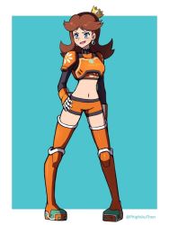Rule 34 | 1girl, boots, breasts, brown hair, crown, earrings, flower earrings, full body, gloves, hand on own hip, happy, jewelry, mario (series), mario strikers charged, nintendo, orange footwear, orange shorts, princess daisy, short hair, shorts, smile, soccer, solo, standing, super mario land