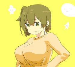 Rule 34 | 1girl, absurdres, alternate costume, breasts, brown hair, casual, commentary, green eyes, hair between eyes, highres, hiryuu (kancolle), kantai collection, large breasts, long sleeves, looking down, madmag1990, one side up, shirt, short hair, simple background, solo, upper body, yellow background, yellow shirt