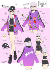 Rule 34 | 1girl, absurdres, back, baseball cap, black camisole, black headwear, blush, breasts, camisole, character sheet, choker, cleavage, collarbone, fate/grand order, fate (series), glasses, hair ribbon, hat, heroic spirit tour outfit, highres, hood, hooded jacket, jacket, kama (fate), kama (tour outfit) (fate), large breasts, long hair, looking at viewer, low twintails, multiple views, purple jacket, red eyes, redrop, ribbon, silver hair, translation request, twintails
