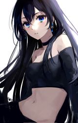 1girl 58_(opal_00_58) bare_shoulders black_choker black_hair black_shirt blue_eyes breasts choker closed_mouth crop_top earrings expressionless highres jewelry long_hair long_sleeves looking_at_viewer medium_breasts midriff mole mole_under_eye navel off-shoulder_shirt off_shoulder original shirt simple_background solo stomach upper_body white_background