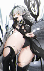 Rule 34 | 1girl, ahoge, arknights, ass, bare shoulders, black panties, black thighhighs, commentary, cowboy shot, crocodilian tail, green hair, highres, large tail, long hair, long sleeves, looking at viewer, multicolored hair, panties, pointy ears, silver hair, solo, streaked hair, tail, thighhighs, thighs, tomimi (arknights), torn clothes, torn thighhighs, underwear, wo chi xiangjiao pi, yellow eyes