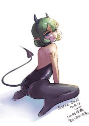 Rule 34 | 1girl, 2015, alternate costume, arched back, arm tattoo, artist name, ass, back, bare arms, bare back, bare shoulders, black hairband, black leotard, blue eyes, bob cut, breasts, character name, chinese text, closed mouth, dated, demon horns, demon tail, eyebrows, facing away, fake horns, from behind, full body, green hair, grey pantyhose, hair between eyes, hairband, head tilt, highres, horns, kneeling, legs apart, leotard, looking at viewer, looking back, nintendo, nontraditional playboy bunny, out of character, pantyhose, playboy bunny, pointy ears, ruru (lulubuu), saria (zelda), shadow, short hair, simple background, small breasts, smile, solo, tail, tattoo, the legend of zelda, the legend of zelda: ocarina of time, tongue, tongue out, tsurime, turtleneck, white background