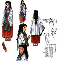 Rule 34 | 1girl, black hair, blunt bangs, breasts, japanese clothes, long hair, low-tied long hair, miko, multiple views, nanami (valkyrie profile), realistic, simple background, standing, valkyrie profile (series), white background