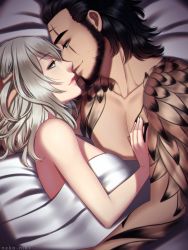 Rule 34 | 1boy, 1girl, aranea highwind, black hair, blanket, face-to-face, final fantasy, final fantasy xv, gladiolus amicitia, hand on another&#039;s chest, highres, neko-niki, on bed, scar, smile, tattoo, white hair