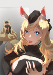 Rule 34 | 1girl, :p, animal ear fluff, animal ears, arknights, black bow, black headwear, blonde hair, blue eyes, bow, breasts, chinese commentary, commentary request, hair bow, horse girl, large breasts, long hair, long sleeves, looking at viewer, mirror, ponty, reflection, smile, solo, tongue, tongue out, upper body, whislash (arknights)