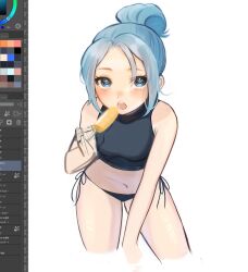 Rule 34 | 1girl, 3bai kaiouken, :o, animification, art program in frame, bikini, bikini bottom only, black bikini, blue eyes, blue hair, blush, commentary, cropped shirt, hair behind ear, hair bun, highres, holding food, holding popsicle, jett (valorant), looking at viewer, navel, open mouth, popsicle, single hair bun, sketch, solo, swimsuit, symbol-only commentary, unfinished, valorant, white background