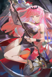 Rule 34 | 1girl, absurdres, anklet, arm up, armlet, black dress, black footwear, black nails, black tiara, breasts, darr1o, detached sleeves, dress, full body, gem, high heels, highres, holding, holding scythe, hololive, hololive english, jewelry, large breasts, long hair, long sleeves, looking at viewer, mori calliope, mori calliope (1st costume), pink hair, red eyes, red gemstone, scythe, single sleeve, solo, strapless, strapless dress, thighs, tiara, two-sided dress, two-sided fabric, veil, virtual youtuber