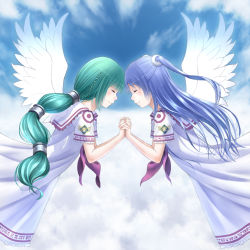 Rule 34 | 2girls, angel wings, blue hair, closed eyes, green hair, holding hands, long hair, multiple girls, original, taka (tsmix), wings