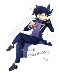Rule 34 | 2boys, absurdres, black coat, black footwear, black hair, black pants, coat, happy birthday, highres, invisible chair, kd (jichaman1), lifting person, long sleeves, male focus, manjoume jun, mini person, miniboy, multiple boys, open mouth, pants, purple shirt, shirt, simple background, sitting, size difference, sweatdrop, translation request, white background, yu-gi-oh!, yu-gi-oh! gx, yuki judai