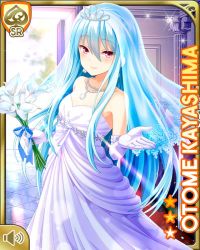Rule 34 | 1girl, blue hair, bouquet, bow, card, character name, closed mouth, day, dress, flower, girlfriend (kari), gloves, indoors, kayashima otome, long hair, official art, qp:flapper, red eyes, smile, standing, tagme, veil, very long hair, wedding dress, white bow, white dress, white gloves