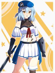 Rule 34 | 1girl, absurdres, arm cuffs, arm shield, asymmetrical legwear, bare shoulders, beret, black gloves, black thighhighs, blue hair, blue hat, breasts, clenched hand, collarbone, elbow gloves, epaulettes, fingerless gloves, gloves, hair between eyes, hat, highres, holding, holding sword, holding weapon, knight, looking at viewer, medium breasts, medium hair, mismatched legwear, open mouth, original, pleated skirt, red ribbon, ribbon, sebunsu, shirt, single epaulette, skirt, solo, sword, thighhighs, upper body, v-shaped eyebrows, weapon, white shirt, white skirt, yellow eyes