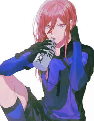 Rule 34 | 1boy, awamoko, black gloves, black shorts, blue lock, blue shirt, bottle, chigiri hyoma, cowboy shot, gloves, hands up, highres, holding, holding bottle, knee up, long hair, long sleeves, looking at viewer, male focus, open mouth, red eyes, red hair, shirt, shorts, simple background, sitting, soccer uniform, socks, solo, sportswear, sweat, white background