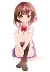 Rule 34 | 1girl, :o, black socks, blue skirt, blush, bow, bowtie, breasts, brown eyes, brown hair, collared shirt, commentary request, convenient leg, dress shirt, hair ornament, hairclip, kneehighs, long hair, massala, no shoes, original, parted lips, pleated skirt, red bow, red bowtie, school uniform, shirt, short sleeves, sitting, skirt, small breasts, socks, solo, white background, white shirt
