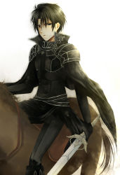 Rule 34 | 1boy, bad id, bad pixiv id, black hair, highres, horse, horseback riding, looking at viewer, male focus, riding, solo, sword, weapon, you zasshoku