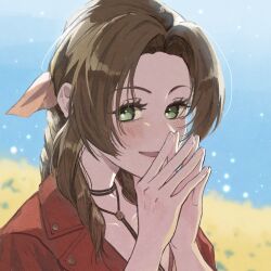 Rule 34 | 1girl, aerith gainsborough, blush, braid, braided ponytail, brown hair, chika i, choker, covering own mouth, final fantasy, final fantasy vii, final fantasy vii remake, flower, flower choker, green eyes, hair ribbon, highres, jacket, long hair, looking at viewer, outdoors, own hands together, parted bangs, parted lips, pink ribbon, red jacket, ribbon, sidelocks, single braid, smile, solo, upper body, wavy hair, yellow flower