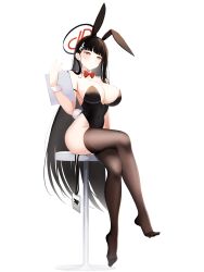 Rule 34 | 1girl, absurdres, alternate costume, animal ears, arm strap, bare shoulders, black hair, black halo, black leotard, blue archive, blunt bangs, blush, bow, bowtie, breasts, bright pupils, brown thighhighs, buttons, chair, cleavage, closed mouth, collarbone, covered navel, crossed legs, detached collar, fake animal ears, fake tail, feet, fingernails, full body, garter straps, halo, hand up, high heels, highleg, highleg leotard, highres, hime cut, holding, holding tablet pc, id card, jayamon, large breasts, leotard, long fingernails, long hair, looking at viewer, no shoes, playboy bunny, rabbit ears, rabbit tail, red bow, red bowtie, red eyes, red halo, rio (blue archive), simple background, sitting, solo, stool, strapless, strapless leotard, tablet pc, tail, teeth, thighhighs, thighs, toes, very long hair, white background, wing collar, wrist cuffs
