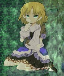 Rule 34 | 1girl, bad id, bad pixiv id, blonde hair, female focus, full body, green eyes, mari audio, mary janes, mizuhashi parsee, pointy ears, scarf, shoes, sitting, solo, touhou, wrist cuffs