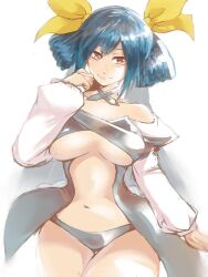 Rule 34 | 1girl, bare shoulders, belt, black choker, black panties, blue hair, breasts, center opening, choker, closed mouth, collarbone, detached sleeves, dizzy (guilty gear), gluteal fold, groin, guilty gear, guilty gear x, guilty gear xx, hair between eyes, hair ribbon, hair rings, large breasts, long hair, long sleeves, midriff, monster girl, navel, off shoulder, open mouth, panties, puffy long sleeves, puffy sleeves, red eyes, ribbon, sidelocks, simple background, skindentation, smile, solo, stomach, thick thighs, thigh gap, thighs, twintails, underboob, underwear, white background, wings, yellow ribbon, yotastar