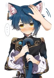 Rule 34 | 1boy, absurdres, animal ears, arms up, blue hair, blue tail, blush, cat boy, cat ears, cat tail, chinese clothes, closed mouth, earrings, genshin impact, gorila chan, hair between eyes, highres, jewelry, long sleeves, looking at viewer, male focus, multiple boys, short hair, single earring, solo, tail, white background, xingqiu (genshin impact), yellow eyes