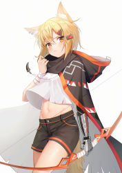 Rule 34 | 1girl, :&lt;, absurdres, almond (artist), animal ear fluff, animal ears, arknights, bandaged arm, bandages, black cape, black scarf, black shorts, blonde hair, blouse, blush, bow (weapon), cape, closed mouth, commentary, commentary request, cowboy shot, fox ears, fox tail, frown, grey background, hair ornament, hairclip, highres, holding, holding bow (weapon), holding weapon, hood, hood down, hooded cape, huge filesize, jewelry, looking at viewer, mechanical arms, navel, necklace, notched ear, orange eyes, pendant, scarf, shirt, short hair, short shorts, shorts, simple background, single mechanical arm, solo, stomach, symbol-only commentary, tail, v-shaped eyebrows, vermeil (arknights), weapon, white shirt