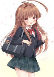 Rule 34 | 10s, 1girl, :d, ahoge, bad id, bad nicoseiga id, black skirt, blazer, blush, brown eyes, brown hair, buttons, collared shirt, commentary request, fang, gradient background, highres, jacket, kantai collection, kuma (kancolle), long hair, long sleeves, masayo (gin no ame), neck ribbon, open mouth, petals, plaid, plaid skirt, pleated skirt, red ribbon, ribbon, shirt, skirt, smile, solo, white shirt, yellow background