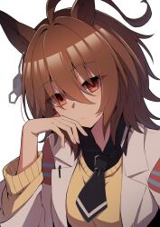 Rule 34 | 1girl, agnes tachyon (umamusume), ahoge, animal ears, black necktie, brown hair, chemical structure, coat, collared shirt, commentary request, earrings, finger to own chin, hair between eyes, highres, horse ears, horse girl, jewelry, lab coat, long sleeves, messy hair, necktie, open clothes, open coat, parted lips, partial commentary, red eyes, ruisuke, shirt, short hair, simple background, single earring, solo, sweater vest, umamusume, upper body, white background, white coat, yellow sweater vest