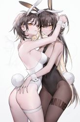 Rule 34 | 2girls, animal ears, ass, black leotard, black necktie, blonde hair, blush, breasts, brown hair, brown legwear, choker, collar, covered navel, detached collar, fake animal ears, fake tail, hair between eyes, hand in another&#039;s hair, hand on another&#039;s hip, highres, hug, leotard, long hair, looking at viewer, looking to the side, medium breasts, muaooooo, multicolored hair, multiple girls, necktie, original, pantyhose, parted lips, playboy bunny, rabbit ears, rabbit tail, serious, short hair, sideboob, simple background, tail, thigh strap, two-tone hair, white background, white choker, white collar, white leotard, wrist cuffs, yellow eyes