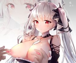 Rule 34 | 1girl, :/, azur lane, bad id, bad pixiv id, black bow, bow, breasts, breasts out, cleavage, closed mouth, clothes pull, dated, detached collar, formidable (azur lane), frills, hair bow, hair ribbon, highres, large breasts, long hair, looking at viewer, male hand, nipple stimulation, nipple tweak, nipples, red eyes, ribbon, shiny skin, shirt pull, signature, solo focus, twintails, white hair, zhao (pixiv12947327), zoom layer