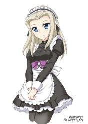 Rule 34 | 10s, 1girl, alternate costume, apron, black dress, blonde hair, blue eyes, clara (girls und panzer), closed mouth, cowboy shot, cropped legs, dated, dress, enmaided, flipper, frilled apron, frilled dress, frills, girls und panzer, juliet sleeves, long hair, long sleeves, looking at viewer, maid, maid headdress, medium dress, one-hour drawing challenge, puffy sleeves, simple background, smile, solo, standing, twitter username, waist apron, white apron, white background