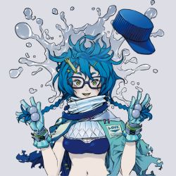Rule 34 | 1girl, blue gloves, blue hat, braid, glasses, gloves, grey background, hair ornament, hairclip, hands up, hat, highres, holding, holding own hair, looking at viewer, navel, nc empire (circle), open mouth, original, sleeveless, smile, solo, splashing, twin braids, unworn hat, unworn headwear, upper body, water, yellow eyes