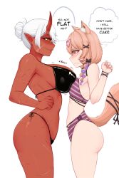 Rule 34 | 2girls, @ @, absurdres, akumi (yoclesh), animal ear fluff, animal ears, ass, asymmetrical docking, bikini, black bikini, blush, breast contest, breast press, breasts, cat ears, cat girl, cat tail, colored skin, facial mark, from side, highres, horns, huge breasts, indie virtual youtuber, long hair, looking at another, multiple girls, myth1carts, pointy ears, red eyes, red horns, red skin, ribbon, scar, scar on arm, scar on breasts, scar on face, scar on leg, scar on stomach, second-party source, shyrei faolan, small breasts, speech bubble, striped bikini, striped clothes, swimsuit, tail, tail ornament, tail ribbon, thought bubble, virtual youtuber, whisker markings, white hair, yellow eyes