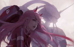 Rule 34 | 10s, 1girl, :d, artist name, blue eyes, bodysuit, darling in the franxx, eyeshadow, from below, grey background, hairband, highres, horns, lips, long hair, looking at viewer, makeup, mecha, open mouth, patreon username, pilot suit, pink hair, red bodysuit, robot, single horn, smile, solo, strelizia, teeth, upper body, upper teeth only, very long hair, watermark, web address, white hairband, wlop, zero two (darling in the franxx)