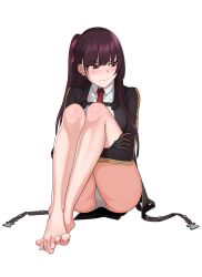 Rule 34 | 1girl, ass, bad id, bad pixiv id, barefoot, black gloves, blush, breasts, cero (last2stage), feet, girls&#039; frontline, gloves, highres, jacket, knees to chest, long hair, necktie, no shoes, panties, purple hair, red eyes, simple background, solo, toes, underwear, wa2000 (girls&#039; frontline), white background, white panties