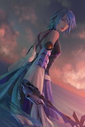 Rule 34 | 1girl, aqua (kingdom hearts), bare shoulders, blue eyes, blue hair, blue skirt, breasts, cassandra (avocasso), cloud, cloudy sky, detached sleeves, fingerless gloves, gloves, hair between eyes, highres, holding, holding weapon, keyblade, kingdom hearts, looking back, medium breasts, ocean, parted lips, partially submerged, short hair, signature, skirt, sky, solo, tank top, upper body, weapon, wide sleeves
