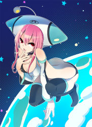 Rule 34 | 10s, 1girl, bare shoulders, black rock shooter, black thighhighs, boots, breasts, cleavage, detached sleeves, gin (oyoyo), great puchitto seijin, hat, licking, licking finger, pink hair, planet, puchitto rock shooter, red eyes, solo, squatting, thigh boots, thighhighs