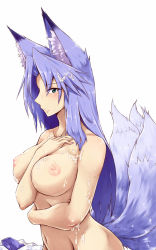 Rule 34 | 1girl, animal ears, between legs, blush, breasts, closed mouth, unworn clothes, collarbone, expressionless, fox ears, fox tail, green eyes, groin, hand between legs, hand on own chest, highres, kikyou (sakuragi rian), kitsune, large breasts, long hair, multiple tails, nail polish, navel, nipples, nude, original, parted bangs, purple eyes, purple nails, sakuragi rian, solo, stomach, suggestive fluid, tail, tsurime, upper body
