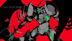 Rule 34 | absurdres, arm blade, axe, battle axe, character name, demon wings, getter robo, halcon, highres, holding, holding axe, limited palette, mecha, no humans, red background, robot, shin getter-1, shin getter robo, weapon, wings, yellow eyes