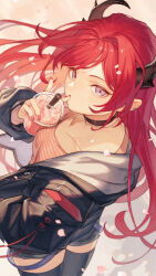 Rule 34 | 1girl, absurdres, alternate costume, arknights, black jacket, black thighhighs, cherry blossoms, choker, collarbone, cup, disposable cup, drinking straw, ear piercing, food, herayoshi, highres, holding, holding cup, horns, ice cream, jacket, long hair, looking at viewer, milkshake, nail polish, piercing, purple eyes, red hair, shorts, slit pupils, solo, surtr (arknights), thighhighs