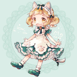 Rule 34 | 1girl, :3, animal ears, bell, blonde hair, bobby socks, brown eyes, cat ears, cat tail, circle, commentary request, dated commentary, dress, fake animal ears, frilled sleeves, frills, full body, green background, green dress, green footwear, green ribbon, hair ribbon, jingle bell, looking at viewer, mary janes, neck bell, neck ribbon, open mouth, original, paw print, petticoat, pocket, rakuni, ribbon, ringlets, shoes, short hair, slit pupils, smile, socks, solo, tail, tail ornament, tail ribbon, twintails, white socks