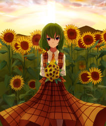 Rule 34 | 1girl, bouquet, cowboy shot, flower, garden of the sun, green hair, hasu (lausdys), highres, holding, holding flower, kazami yuuka, long sleeves, looking at viewer, mountain, outdoors, plaid, plaid skirt, plaid vest, red eyes, short hair, skirt, solo, sunflower, touhou, twilight, upper body