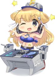 Rule 34 | 1girl, absurdres, alternate costume, audio visualizer, blonde hair, blue eyes, breasts, chibi, dj, double bun, fletcher (kancolle), hair bun, hair ornament, hand on headphones, hat, headphones, highres, jewelry, kantai collection, large breasts, long hair, machinery, necklace, off shoulder, one eye closed, osananajimi neko, phonograph, shorts, star (symbol), star hair ornament, star necklace, stomach, tank top, turntable, turret, white background