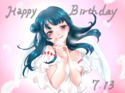 Rule 34 | 1girl, artist name, artist request, blue hair, blush, breasts, dress, female focus, floating hair, gem (symbol), hair bun, highres, jewelry, long hair, looking at viewer, love live!, love live! sunshine!!, own hands together, parted lips, pink background, pink eyes, purple eyes, side bun, single hair bun, sleeveless, sleeveless dress, smile, solo, tsushima yoshiko, upper body, white dress