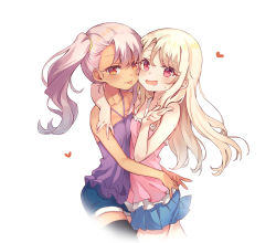 Rule 34 | 2girls, :p, arm around neck, arms around waist, asymmetrical docking, black legwear, blonde hair, blue shorts, blue skirt, breast press, brown eyes, camisole, cheek-to-cheek, chloe von einzbern, dark-skinned female, dark skin, deany, face-to-face, fate/kaleid liner prisma illya, fate (series), from side, heads together, heart, highres, hug, illyasviel von einzbern, long hair, looking at viewer, miniskirt, multiple girls, open mouth, pink camisole, pink hair, purple camisole, red eyes, short shorts, shorts, siblings, side ponytail, simple background, sisters, skirt, smile, thighhighs, tongue, tongue out, twins, white background