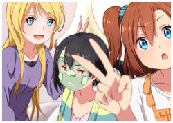 Rule 34 | 10s, 3girls, :d, :o, :|, ayase eli, black hair, blonde hair, blue eyes, blurry, blurry foreground, blush, brown hair, bunny ears prank, cardigan, closed mouth, collarbone, cucumber, facial mask, highres, kosaka honoka, long hair, long sleeves, looking at viewer, love live!, love live! school idol project, mud mask, multiple girls, one side up, open cardigan, open clothes, open mouth, ponytail, purple sweater, red eyes, scrunchie, selfie, shuca ca, side ponytail, smile, sweatdrop, sweater, v, yazawa nico
