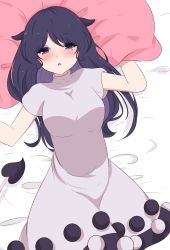 Rule 34 | 1girl, animal ears, arms up, bad id, bad pixiv id, bed sheet, blue eyes, blue hair, blush, breasts, commentary, cowboy shot, doremy sweet, dress, highres, long hair, looking at viewer, lying, medium breasts, no headwear, on back, parted lips, pillow, pom pom (clothes), short sleeves, solo, tail, tapir ears, tapir tail, touhou, white dress, yukome