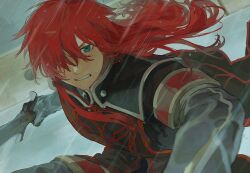 Rule 34 | 1boy, asch (tales), black cape, cape, clenched teeth, commentary request, green eyes, hair over one eye, highres, holding, holding sword, holding weapon, long hair, male focus, meba, outdoors, rain, red hair, red trim, sword, tales of (series), tales of the abyss, teeth, weapon