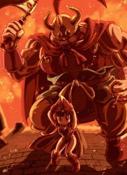 Rule 34 | 1boy, 1girl, absurdres, beard, boots, cape, chi-chi (dragon ball), clenched teeth, closed mouth, dragon ball, dragon ball (classic), facial hair, fake horns, father and daughter, fire, full body, gloves, gyuu mao, helmet, highres, holding, holding weapon, horned helmet, horns, liedein, long hair, muscular, muscular male, size difference, standing, teeth, v-shaped eyebrows, weapon