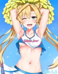Rule 34 | 1girl, abukuma (kancolle), armpits, arms up, blonde hair, blue eyes, blush, breasts, cheerleader, clothes writing, cloud, crop top, crop top overhang, day, double bun, hair bun, hair rings, highres, ibuki grunt, kantai collection, long hair, medium breasts, midriff, navel, one eye closed, open mouth, outdoors, pleated skirt, pom pom (cheerleading), skirt, sky, solo, steam, stomach, sweat, twintails, twitter username, underboob, upper body